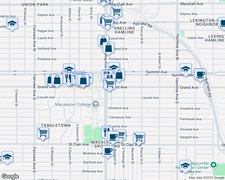 map of restaurants, bars, coffee shops, grocery stores, and more near 1580 Grand Avenue in Saint Paul
