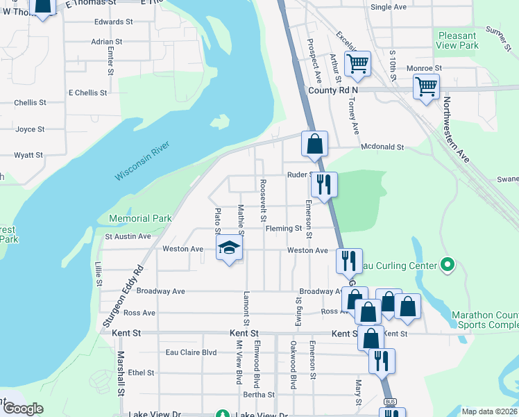map of restaurants, bars, coffee shops, grocery stores, and more near 418 Bernard Street in Wausau