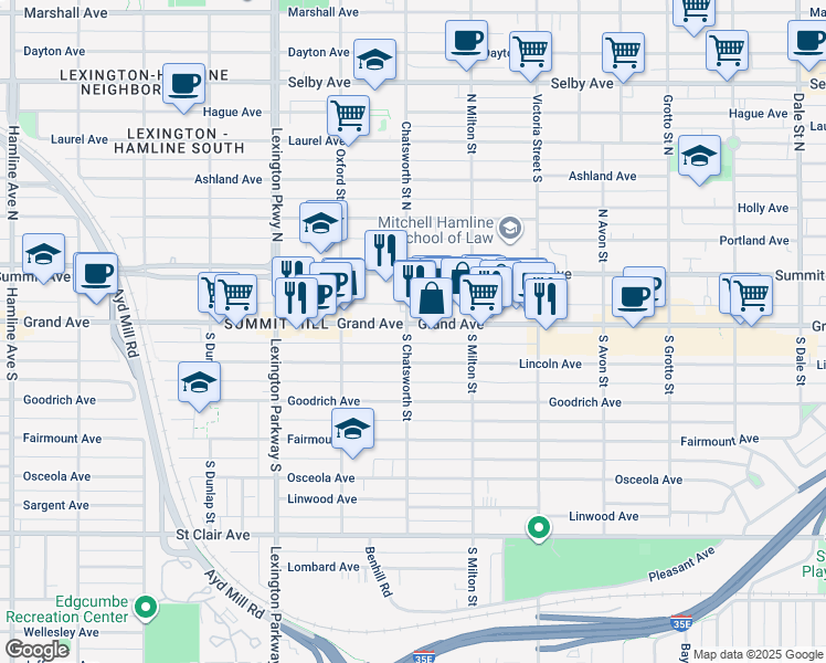 map of restaurants, bars, coffee shops, grocery stores, and more near 975 Grand Avenue in Saint Paul