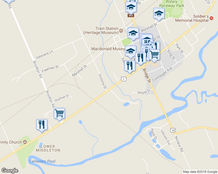 map of restaurants, bars, coffee shops, grocery stores, and more near 199 Evangeline Trail in Middleton