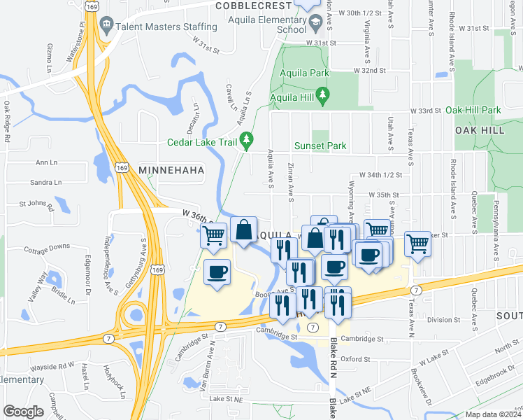 map of restaurants, bars, coffee shops, grocery stores, and more near 3536 Aquila Circle in Minneapolis