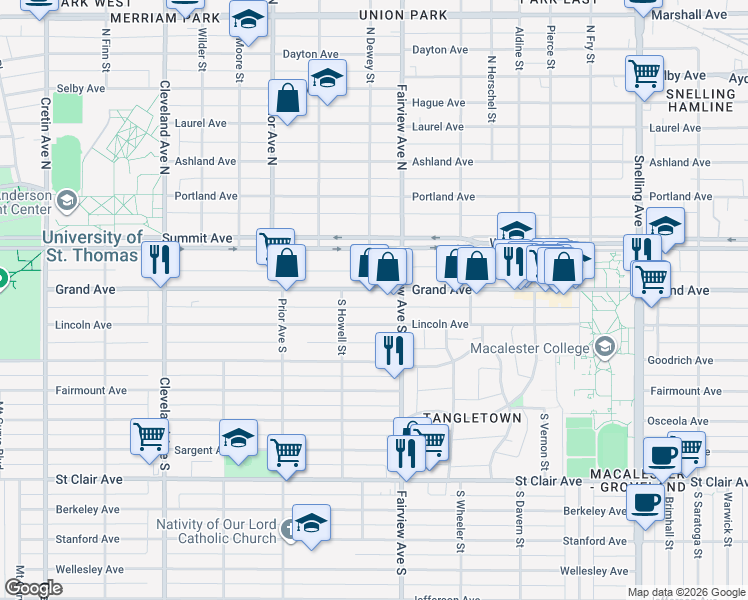 map of restaurants, bars, coffee shops, grocery stores, and more near 1848 Grand Avenue in Saint Paul