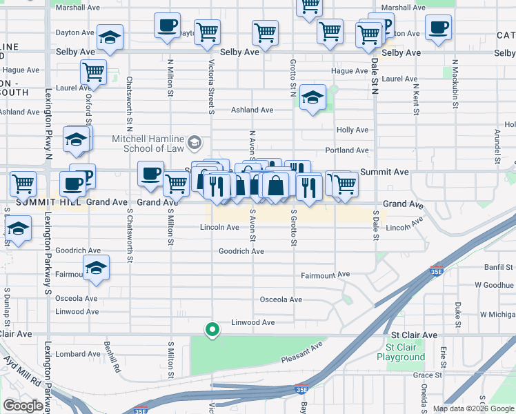 map of restaurants, bars, coffee shops, grocery stores, and more near 792 Grand Avenue in Saint Paul