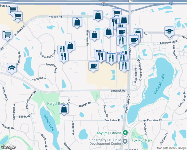 map of restaurants, bars, coffee shops, grocery stores, and more near 449 Commerce Drive in Woodbury
