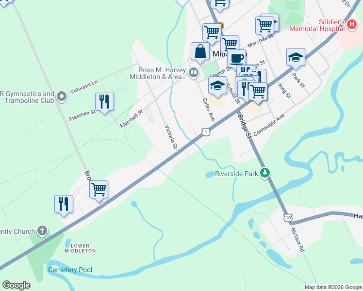 map of restaurants, bars, coffee shops, grocery stores, and more near 199 Evangeline Trail in Middleton