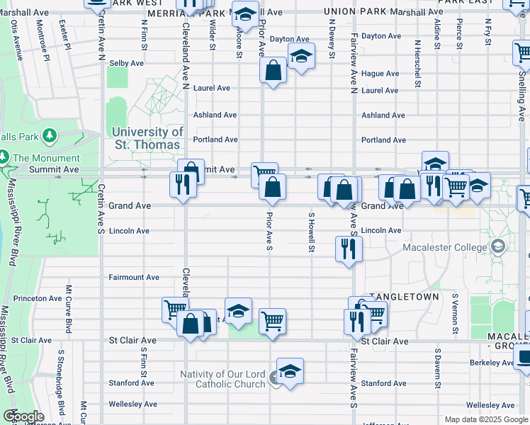 map of restaurants, bars, coffee shops, grocery stores, and more near 1940 Grand Avenue in Saint Paul