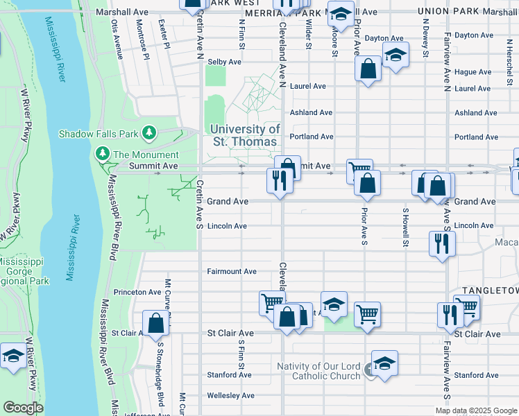 map of restaurants, bars, coffee shops, grocery stores, and more near 2096 Grand Avenue in Saint Paul