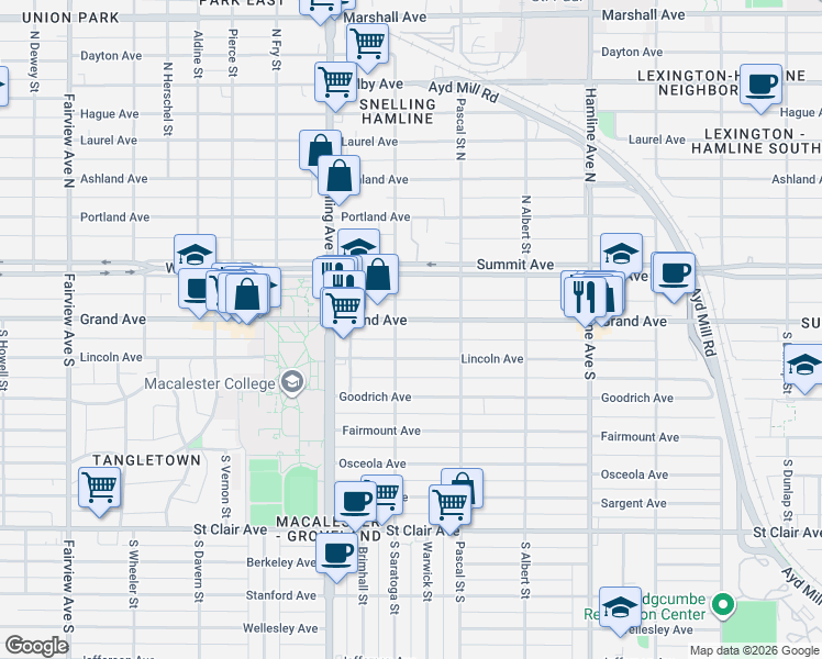 map of restaurants, bars, coffee shops, grocery stores, and more near 1506 Grand Ave in St Paul