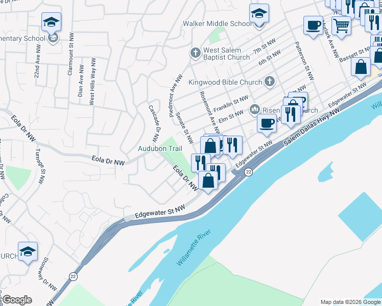 map of restaurants, bars, coffee shops, grocery stores, and more near 341 Senate Street Northwest in Salem
