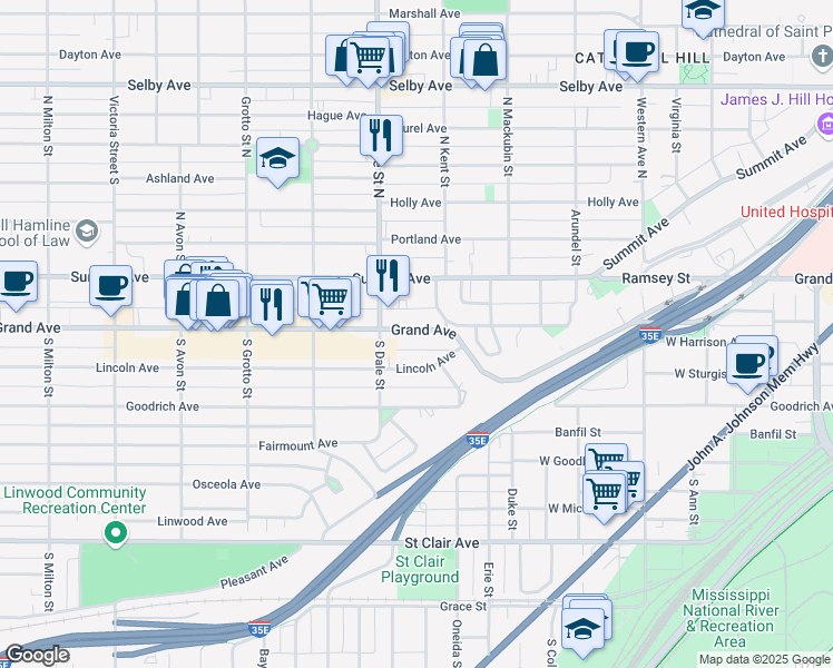 map of restaurants, bars, coffee shops, grocery stores, and more near 592 Grand Avenue in Saint Paul