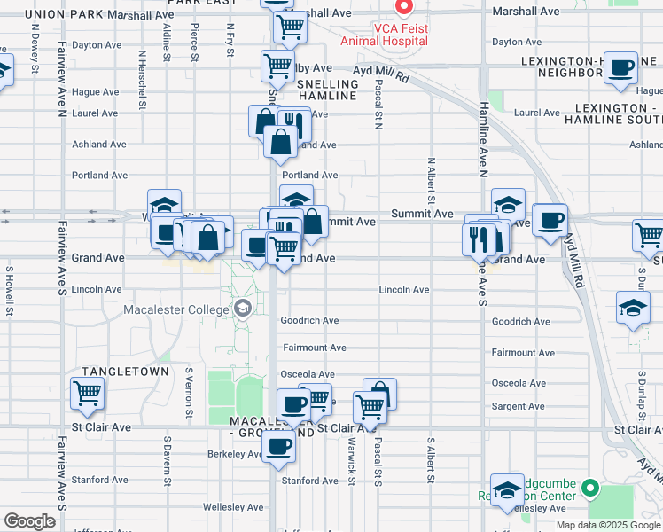 map of restaurants, bars, coffee shops, grocery stores, and more near 1498 Grand Avenue in Saint Paul
