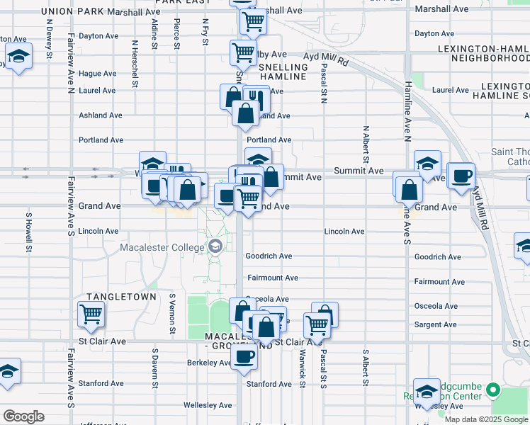 map of restaurants, bars, coffee shops, grocery stores, and more near 1532 Grand Avenue in Saint Paul