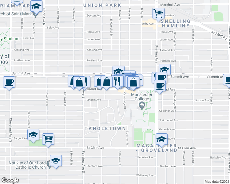 map of restaurants, bars, coffee shops, grocery stores, and more near 1702 West Grand Avenue in Saint Paul