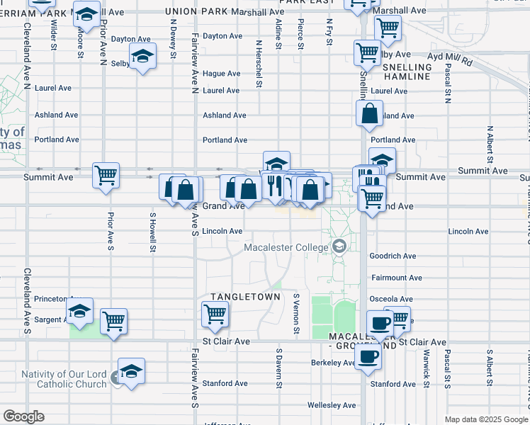 map of restaurants, bars, coffee shops, grocery stores, and more near 1702 West Grand Avenue in Saint Paul