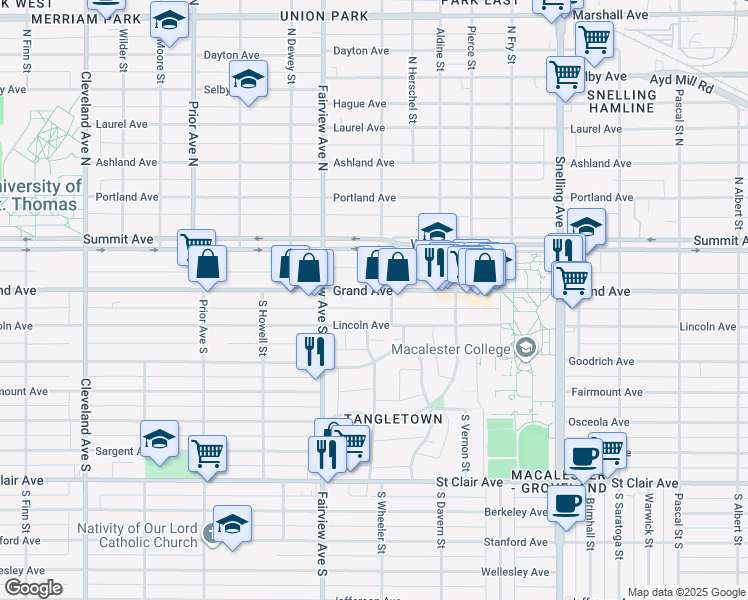 map of restaurants, bars, coffee shops, grocery stores, and more near 1770 Grand Avenue in Saint Paul