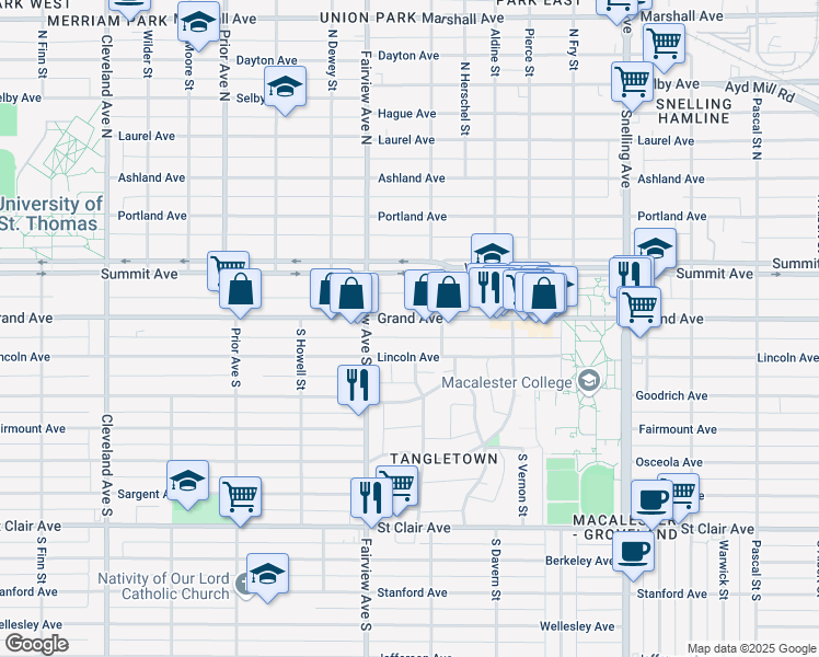 map of restaurants, bars, coffee shops, grocery stores, and more near 1770 Grand Avenue in Saint Paul