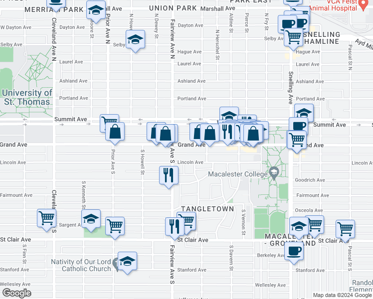 map of restaurants, bars, coffee shops, grocery stores, and more near 1770 Grand Avenue in Saint Paul
