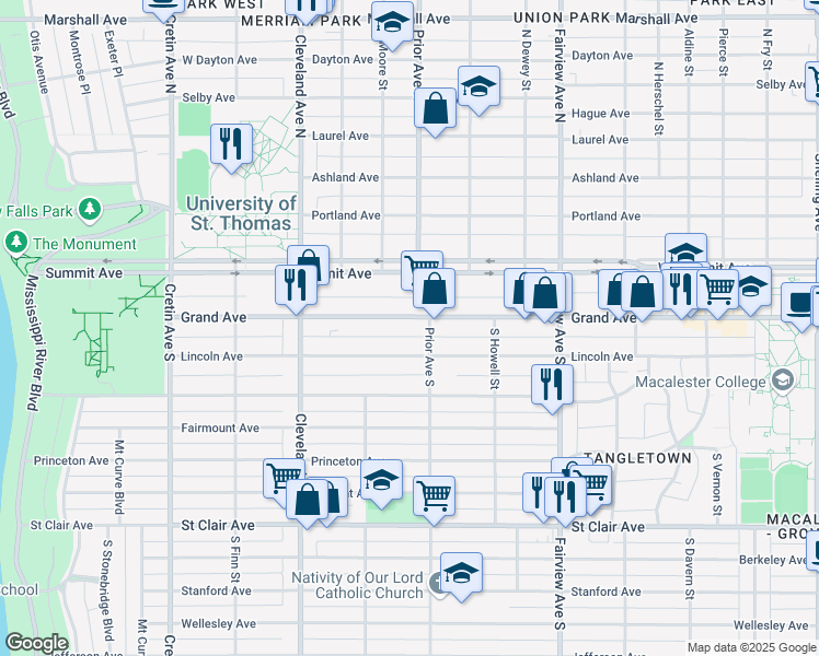 map of restaurants, bars, coffee shops, grocery stores, and more near 1954 Grand Avenue in Saint Paul