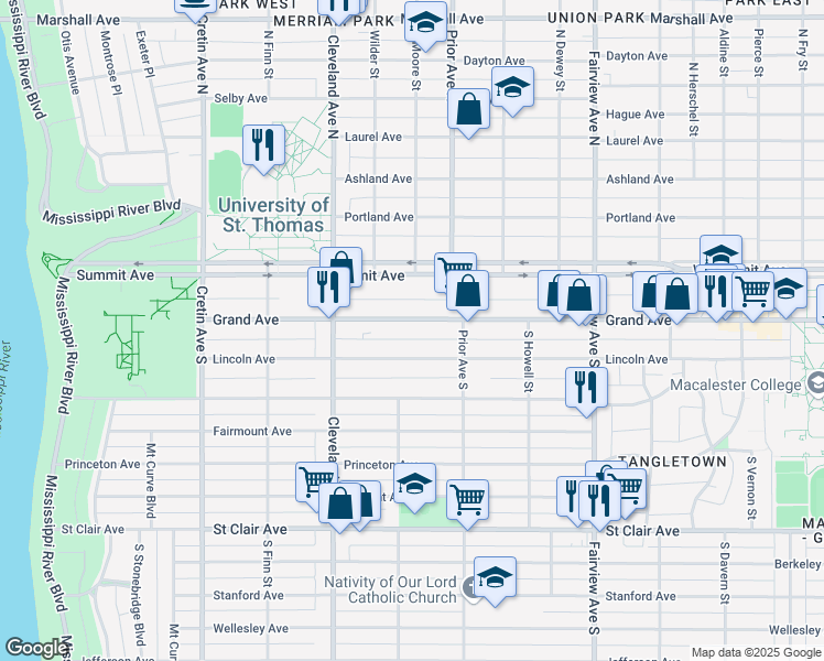 map of restaurants, bars, coffee shops, grocery stores, and more near 1990 Grand Avenue in Saint Paul