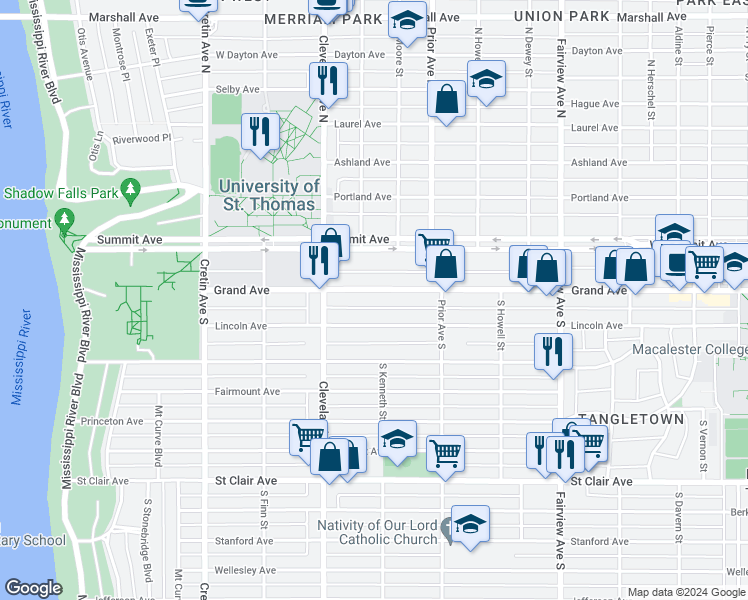 map of restaurants, bars, coffee shops, grocery stores, and more near 1990 Grand Avenue in Saint Paul