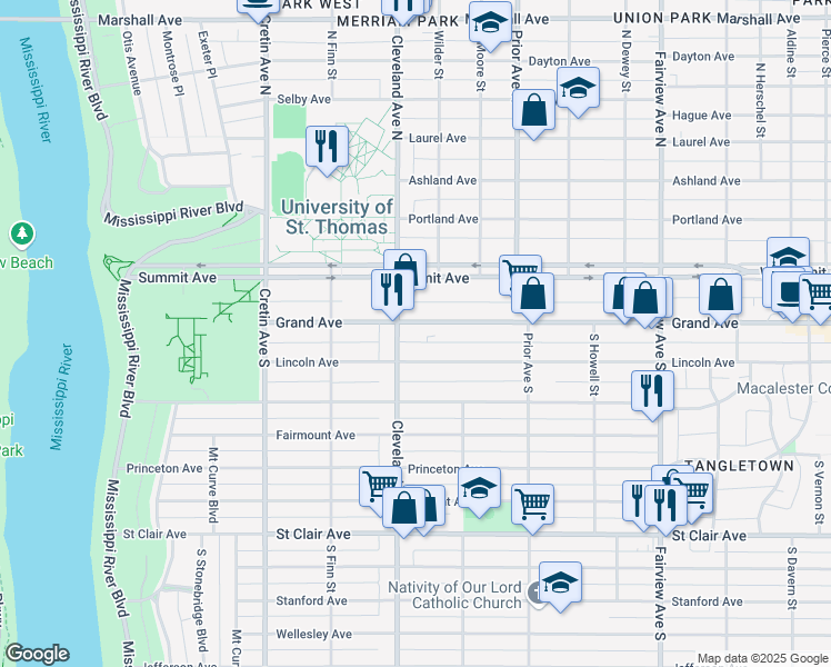 map of restaurants, bars, coffee shops, grocery stores, and more near 2028 Grand Avenue in Saint Paul