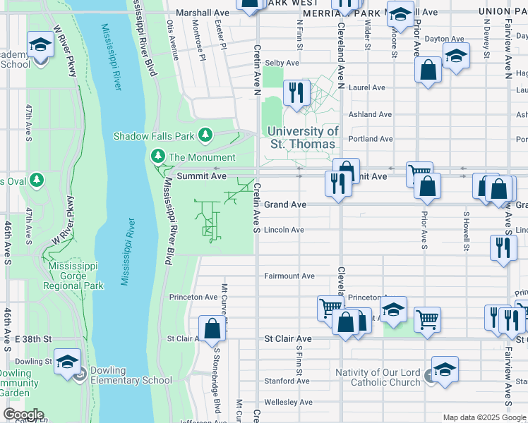 map of restaurants, bars, coffee shops, grocery stores, and more near in Saint Paul