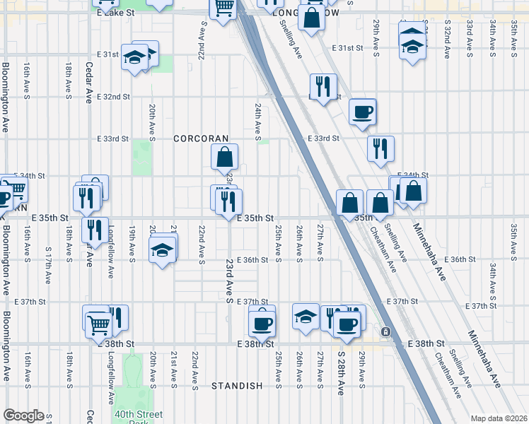 map of restaurants, bars, coffee shops, grocery stores, and more near 3443 24th Avenue South in Minneapolis