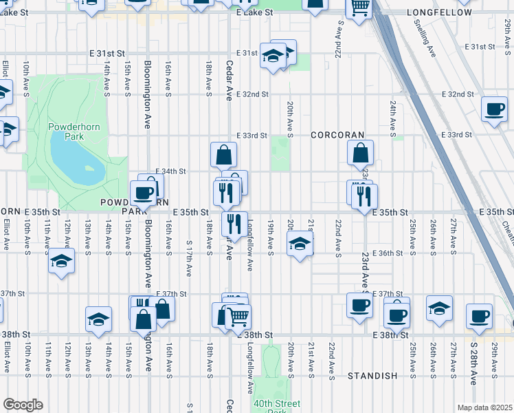 map of restaurants, bars, coffee shops, grocery stores, and more near 3437 Longfellow Avenue in Minneapolis