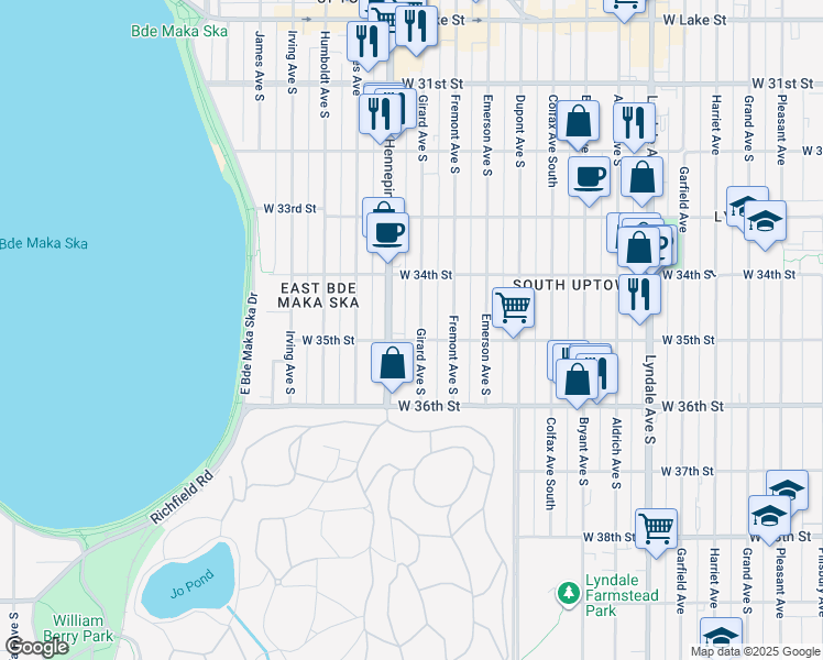 map of restaurants, bars, coffee shops, grocery stores, and more near 3441 Girard Avenue South in Minneapolis
