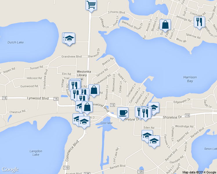 map of restaurants, bars, coffee shops, grocery stores, and more near 2128 Belmont Lane in Mound
