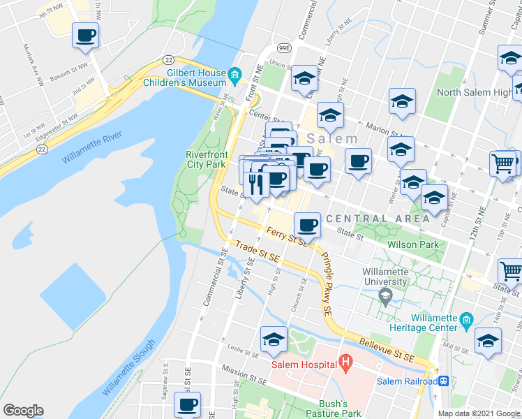 map of restaurants, bars, coffee shops, grocery stores, and more near 372 State Street in Salem