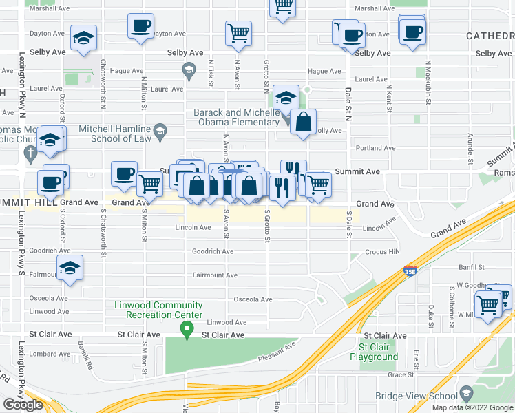 map of restaurants, bars, coffee shops, grocery stores, and more near 750 Grand Avenue in Saint Paul
