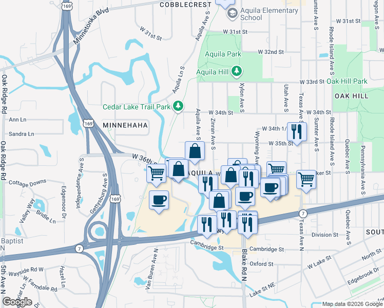 map of restaurants, bars, coffee shops, grocery stores, and more near 3528 Aquila Circle in St. Louis Park