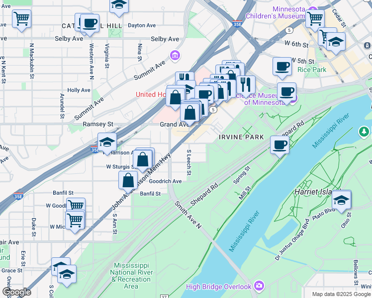 map of restaurants, bars, coffee shops, grocery stores, and more near 186 West Forbes Avenue in Saint Paul