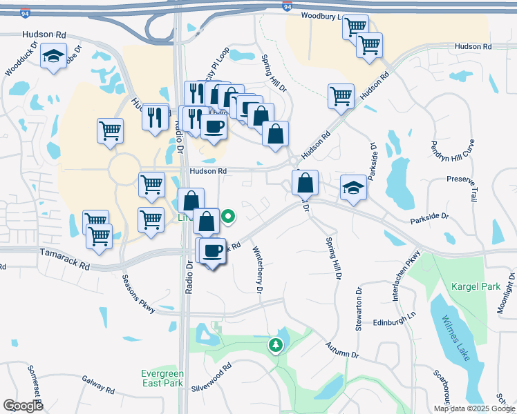 map of restaurants, bars, coffee shops, grocery stores, and more near 8762 Summer Wind Circle in Woodbury