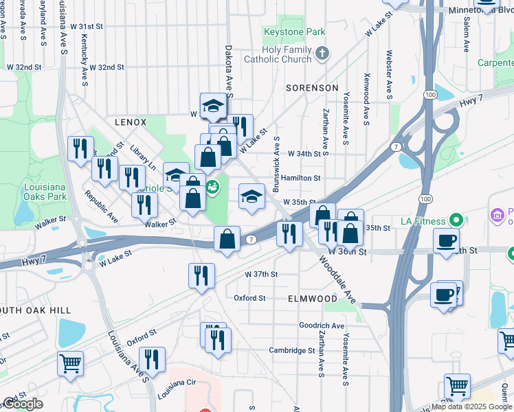 map of restaurants, bars, coffee shops, grocery stores, and more near 14 West 35th Street in St. Louis Park