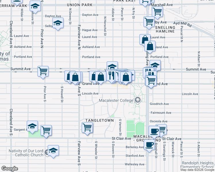 map of restaurants, bars, coffee shops, grocery stores, and more near 1712 Grand Avenue in Saint Paul