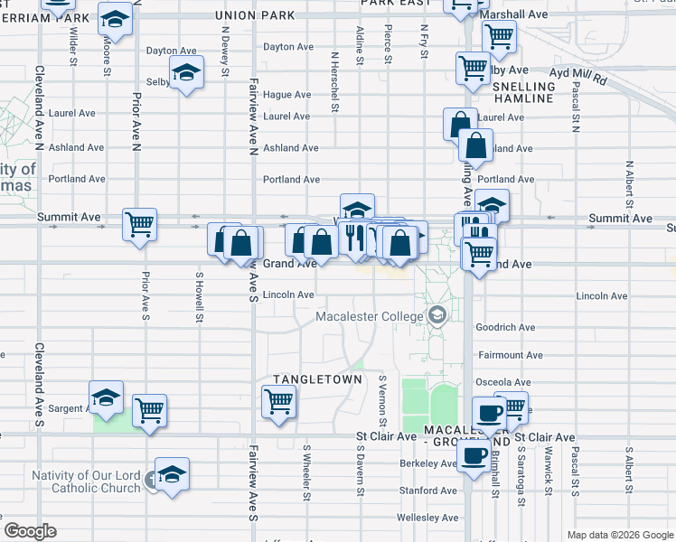 map of restaurants, bars, coffee shops, grocery stores, and more near 1702 West Grand Avenue in Saint Paul