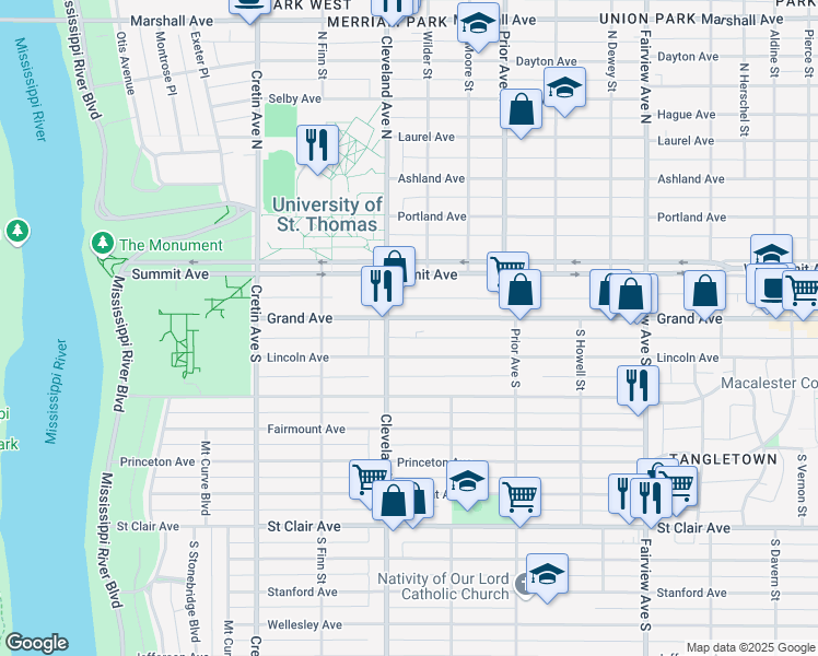 map of restaurants, bars, coffee shops, grocery stores, and more near 2040 Grand Avenue in Saint Paul