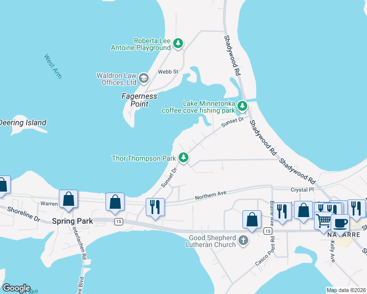 map of restaurants, bars, coffee shops, grocery stores, and more near 3878 Sunset Drive in Spring Park