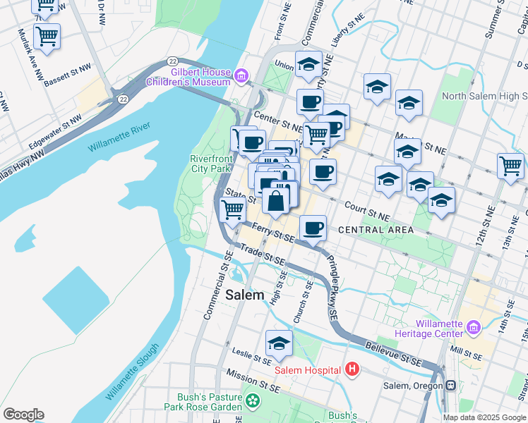 map of restaurants, bars, coffee shops, grocery stores, and more near 150 Liberty Street Northeast in Salem