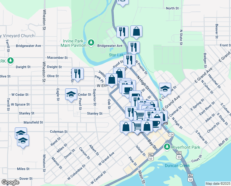 map of restaurants, bars, coffee shops, grocery stores, and more near 21 West Cedar Street in Chippewa Falls