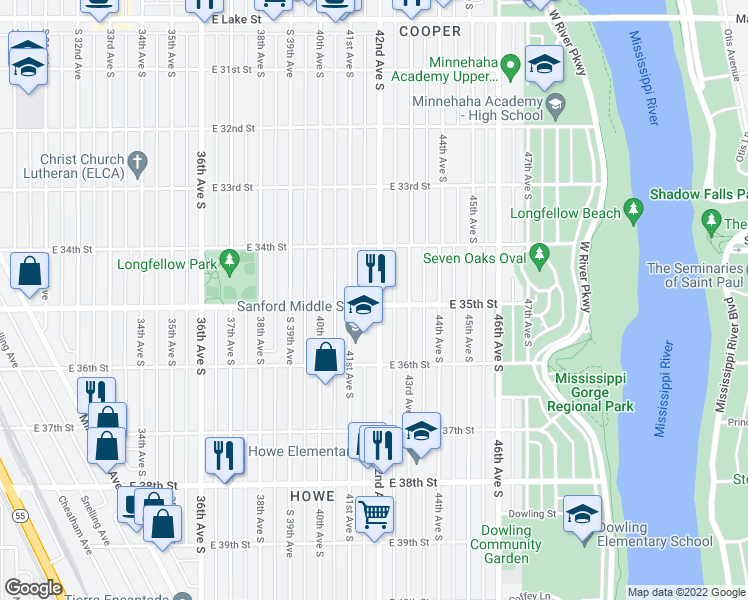 map of restaurants, bars, coffee shops, grocery stores, and more near 3448 42nd Avenue South in Minneapolis