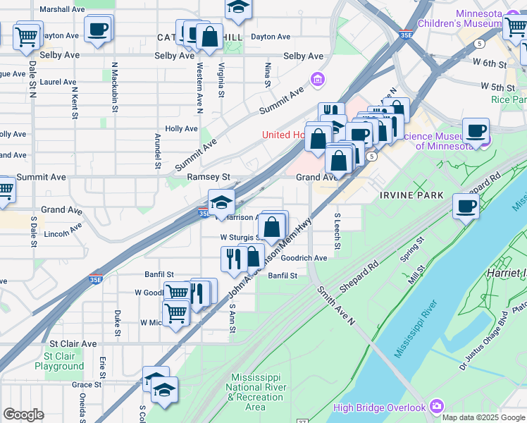 map of restaurants, bars, coffee shops, grocery stores, and more near 289 West Harrison Avenue in Saint Paul