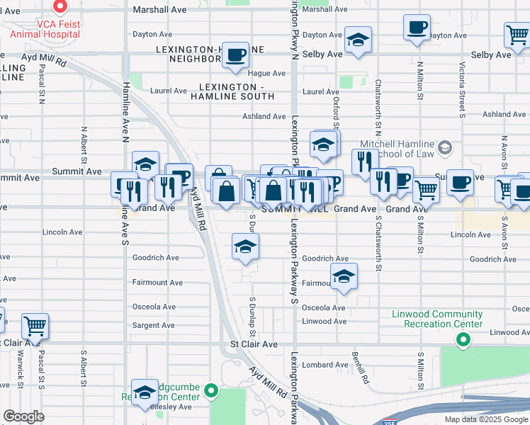 map of restaurants, bars, coffee shops, grocery stores, and more near 1144 West Grand Avenue in Saint Paul