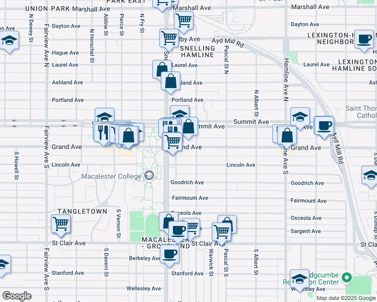 map of restaurants, bars, coffee shops, grocery stores, and more near 1532 Grand Avenue in Saint Paul