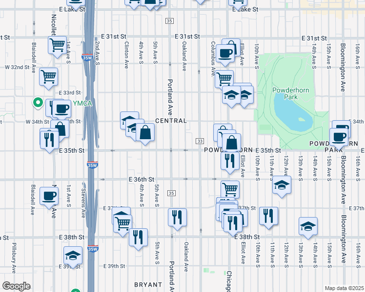 map of restaurants, bars, coffee shops, grocery stores, and more near 3446 Oakland Avenue in Minneapolis