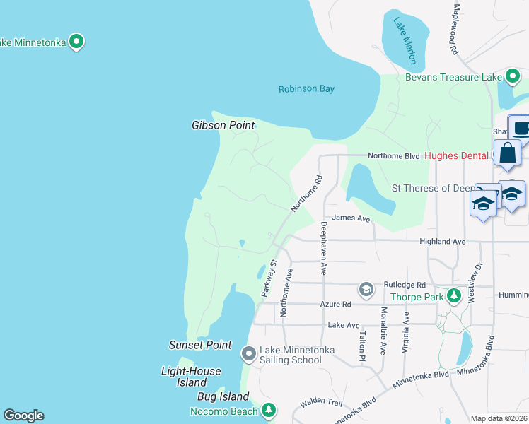 map of restaurants, bars, coffee shops, grocery stores, and more near 3574 Northome Road in Wayzata