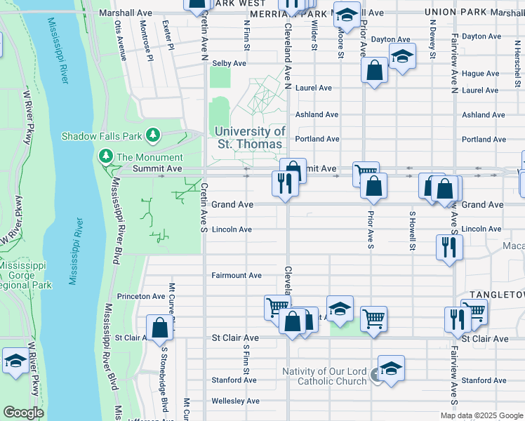 map of restaurants, bars, coffee shops, grocery stores, and more near 2096 Grand Avenue in Saint Paul