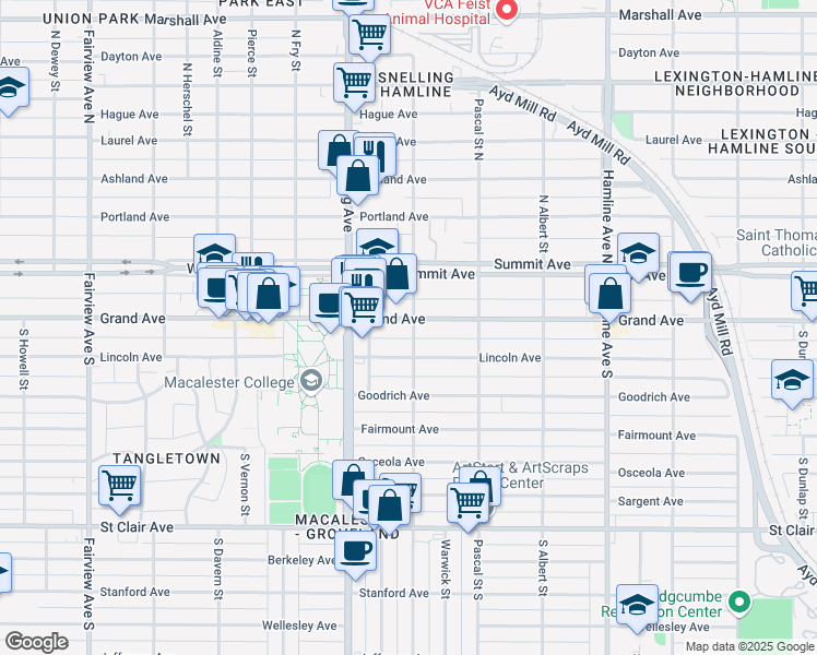 map of restaurants, bars, coffee shops, grocery stores, and more near 1522 Grand Avenue in Saint Paul